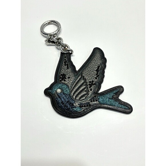 Coach Beaded Dark Teal Blue Bird Keychain Bag Charm Retro Keyfob 3.5" Glitter - Picture 3 of 13